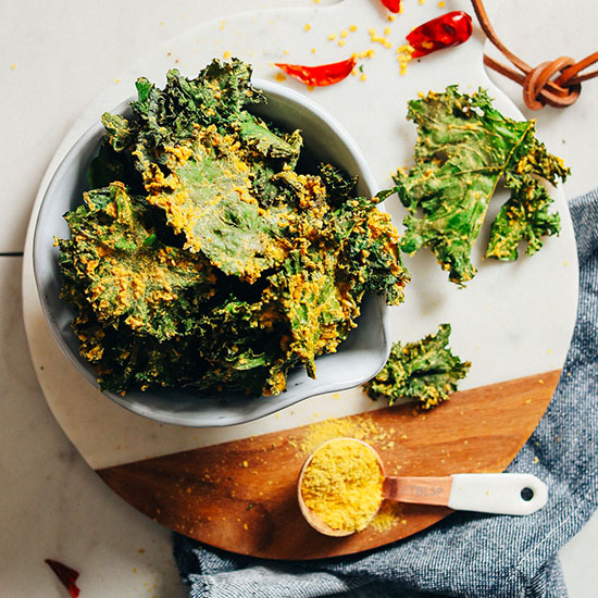 Bowl of Cheesy Sunflower Kale Chips