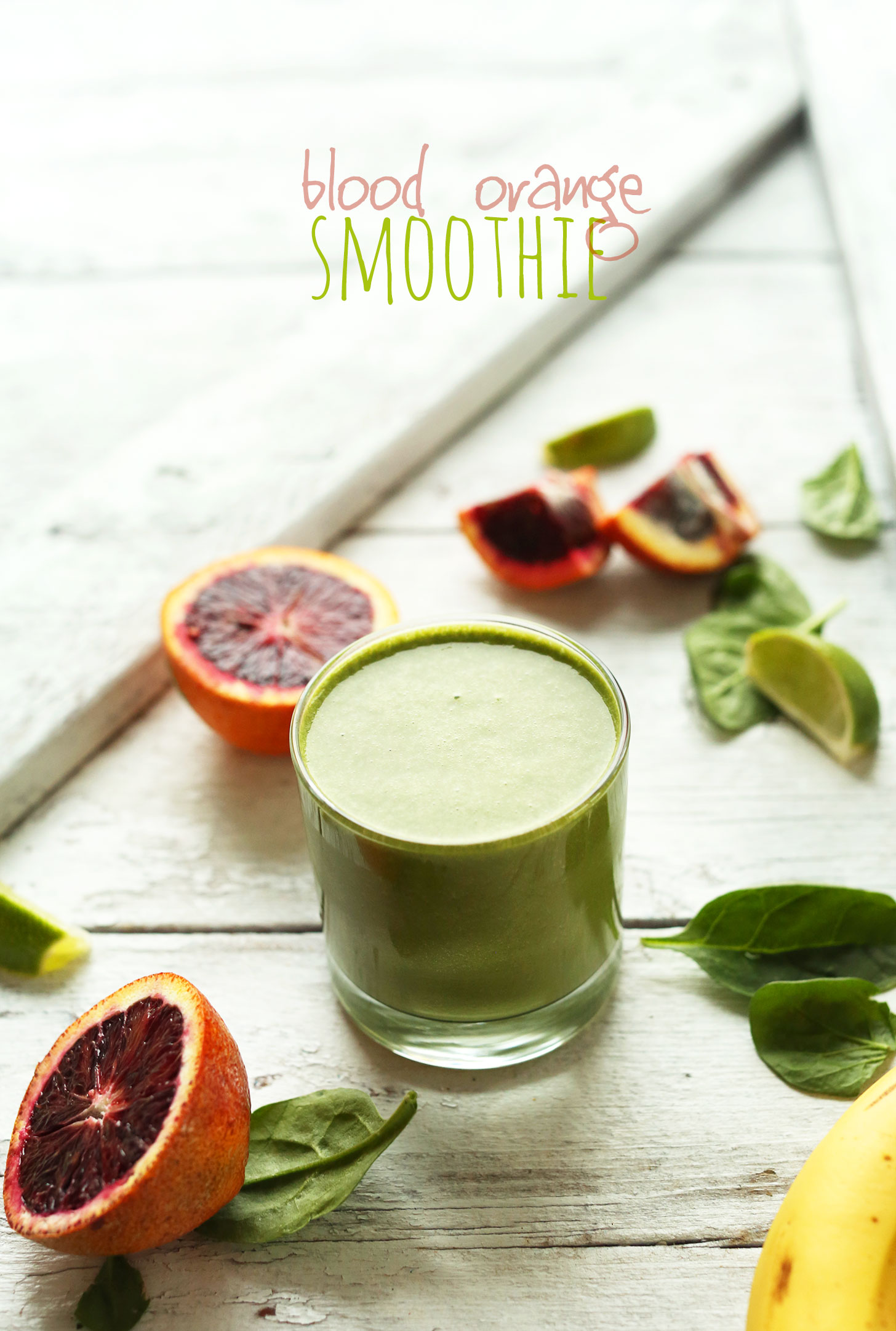 Small glass of our creamy vegan Blood Orange Green Smoothie